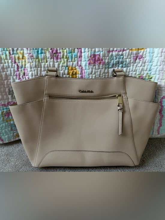Calvin Klein Handbags - Calvin Klein Beige Saffiano Shoulder Bag with Gold Hardware